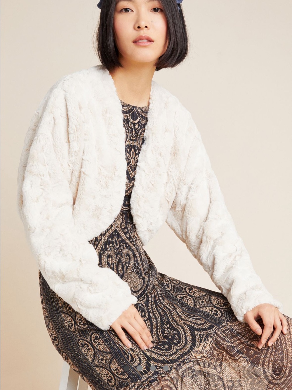 Maeve Sarah Faux Fur Cardigan- Ivory
